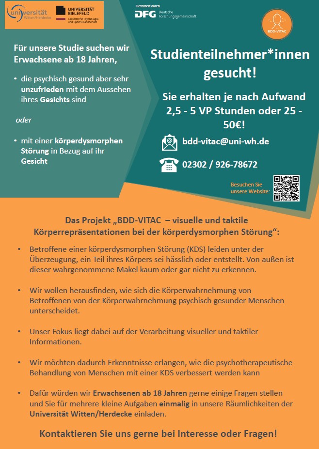 Poster zum Projekt "BDD-VITAC - visuelle und taktile Körperrepräsentationen bei der körperdysmorphen Störung" der Universität Witten/Herdecke.
