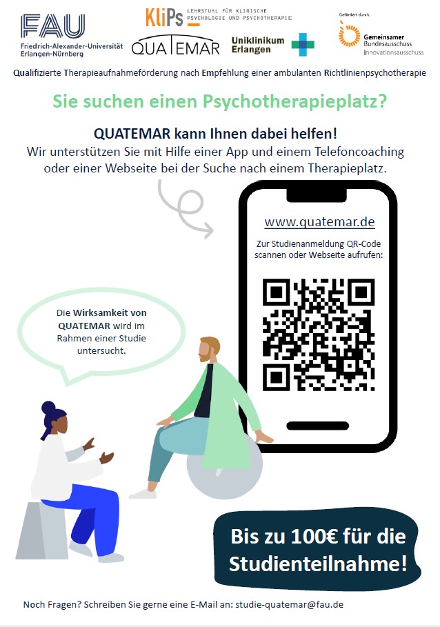 Poster zum Projekt "QUATEMAR - Qualifizierte Therapieaufnahmeförderung nach Empfehlung einer ambulanten Richtlinienpsychotherapie"